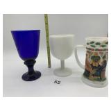 COBALT PEDESTAL GLASS, VINTAGE GLASS STEIN HAND