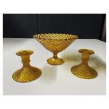 AMBER COMPOTE WITH 2 CANDLE STICK HOLDERS