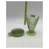 URANIUM GLASS FOOTED GLASS GLOWS, JADEITE ASHTRAY
