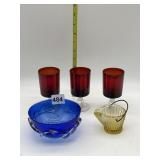 RUBY AND CLEAR STEMMED GLASSES, BLUE GLASS BOWL