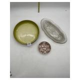 OVAL GLASS SERVING PIECE, ROUND STONEWARE SERVING