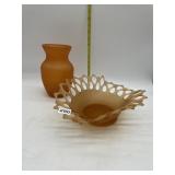 SATIN GLASS PINCHED BOWL AND VASE