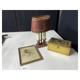 VINTAGE PHOTO FRAMED, METAL LAMP, TIN