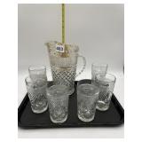 GLASS PITCHER AND 6 MATCHING GLASSES