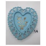 BLUE MILK GLASS HAND PAINTED HEART PLATE