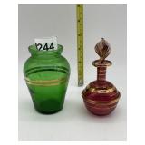 SMALL GREEN GLASS VASE WITH GOLD BANDING, PINK