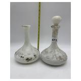 2 MILK GLASS DECANTERS, ONE MISSING STOPPER