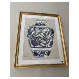 FRAMED PRINT SHOWING BLUE AND WHITE CERAMIC