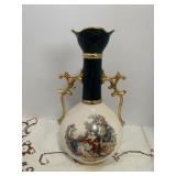 PORCELAIN VASE WITH TWO GILT SCROLL HANDLES, DARK