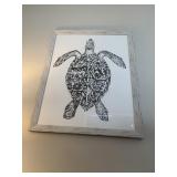 FRAMED PRINT DEPICTING SEA TURTLE IN BLACK INK ON