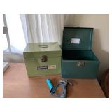 2 METAL STORAGE BOXES, GLASSES, MINI HAMMER