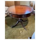 ROUND LEATHER TOP MAHOGANY TABLE W/ CENTER DRAWER