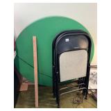 ROUND TABLE TOP, 3 SAMSONITE CHAIRS, YARD STICK