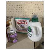 WHITE PLASTIC JUG LABELED "BORAX" WITH GREEN AND