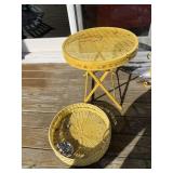 YELLOW PAINTED WICKER BISTRO TABLE AND CHAIR SET.