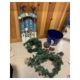 ASSORTED HOLIDAY DECORATIONS INCLUDING BLUE METAL