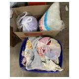 BLUE PLASTIC STORAGE BIN AND CARDBOARD BOX