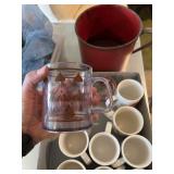 VARIETY OF MUGS GLASSES AND VERY LARGE TIN CUP