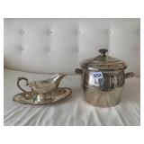 SILVER PLATE ICE BUCKET AND GRAVY BOAT AND LINER