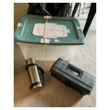 FLAMBEAU TACKLE BOX, THERMOS AND STORAGE BIN