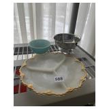 DIVIDED MILK GLASS DISH, FOOTED CHROME SERVING