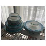 PYREX BLUE RIM WITH GOLD EDGE DISHWARE, SERVICE