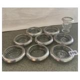 SILVER RIMMED COASTERS AND TOOTHPICK HOLDER