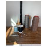 SEWING SUPPLIES INCLUDING TWO LARGE WOODEN SPOOLS