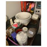 SALAD AND SERVING BOWLS, COTTON BALLS, CREAMER