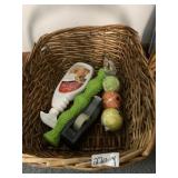 BASKET W/ NEW DOG BALLS, TOYS, TAPE DISPENSER