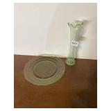 URANIUM GLASS VASE & PLATE.