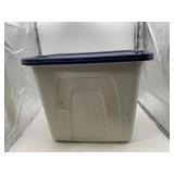 PLASTIC STORAGE BIN, CREAM, W/ DARK BLUE LID.