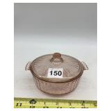 PINK DEPRESSION GLASS COVERED CASSEROLE DISH,