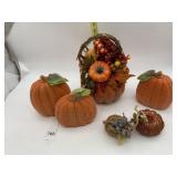 AUTUMN DECOR, FLOCKED PUMPKINS, DECORATIVE BASKET