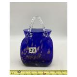 BLUE MOTTLED GLASS DECORATIVE BASKET, TWISTED