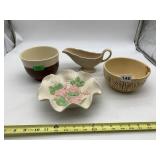 WELLSVILLE CHINA GRAVY BOAT, OWENWARE BOWL, ROSE