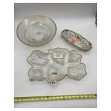 GLASS DIVIDED SERVING DISH, ETCHED GLASS OVAL