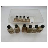 VINTAGE GLASS SAMPLE BOTTLES, BLACK CAPS,