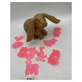 BROWN PAPIER-MACHE BUNNY SCULPTURE, PINK ACRYLIC