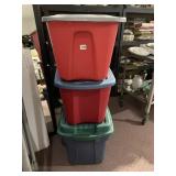STACKED PLASTIC RECYCLING BINS, MULTI-COLORED, W/
