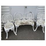 CAST IRON GARDEN BENCH W/ MATCHING CHAIRS, WHITE