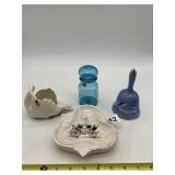 CURRIER & IVES STYLE CERAMIC BELL, BLUE GLASS