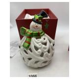 CERAMIC SNOWMAN FIGURINE, OPENWORK SCROLL DESIGN,