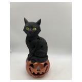 BLACK CAT ON PUMPKIN LIGHT-UP FIGURINE, HALLOWEEN