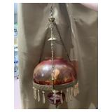 ART GLASS HANGING LANTERN, AMBER GLASS, METAL