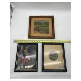 ASSORTED FRAMED ART, NEEDLEPOINT LANDSCAPE,