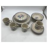 STONEWARE DINNER PLATES, BOWLS, MUGS, BLUE STRIPE