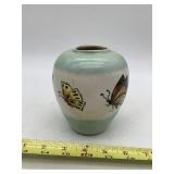CERAMIC VASE W/ GREEN STRIPES, BUTTERFLY MOTIF.