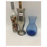 ASSORTED DECORATIVE VASES & BOTTLE, METAL, BLUE