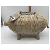 WOVEN WICKER PIG DECORATIVE CONTAINER W/ WOOD